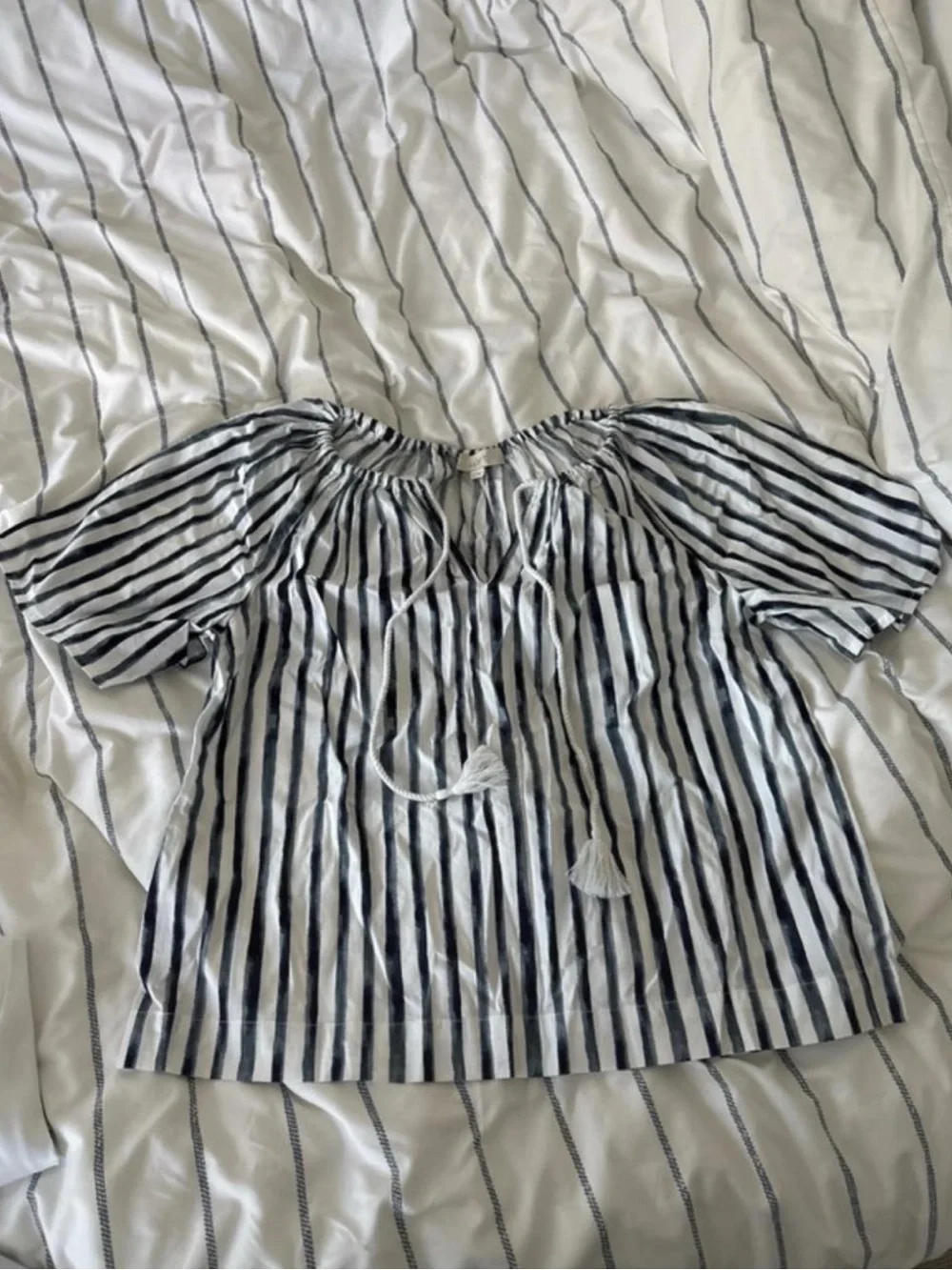 LOFT Navy and White Striped Peasant Tie-Front Top